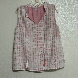 L Love Pink & White Sleeveless Blouse Shirred Neckline Tassel V-Neck Top Lined S